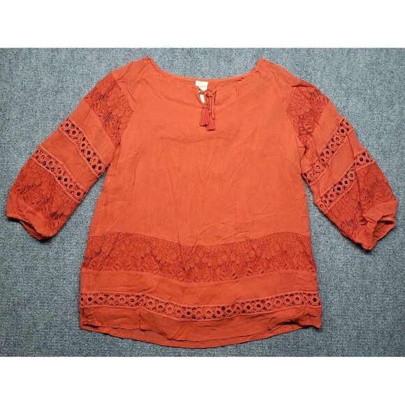 Chicos Blouse Womens 2 Orange Pure Rayon Floral 3/4 Sleeve Pullover Round Neck - Picture 1 of 11